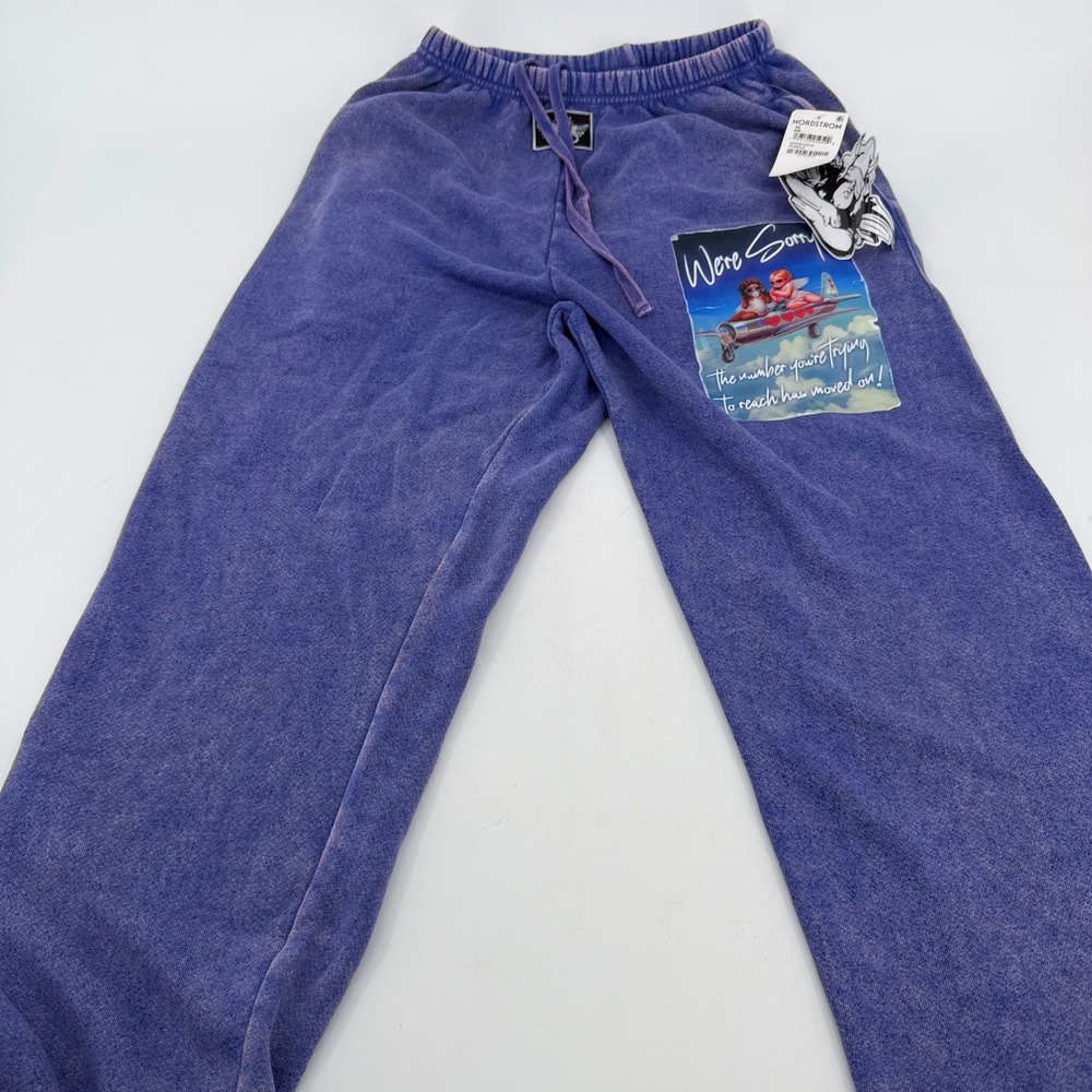 Boys Lie We're Sorry Purple Mineral Wash Graphic Sweatpants XS 28" inseam